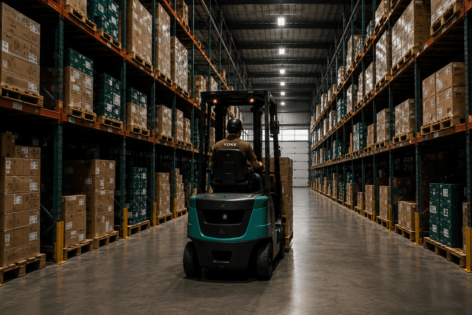 Centro de distribuição profissional com porta-paletes, mercadorias e corredor logístico