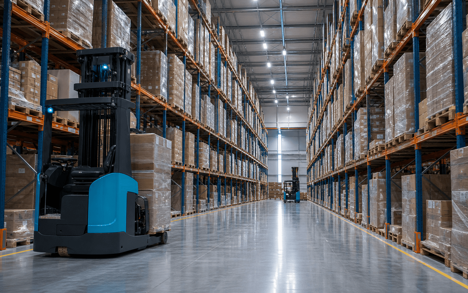 Centro de distribuição moderno com empilhadeiras e corredores altos de porta-pallets
